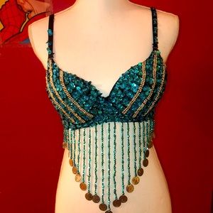 38 Blue Mardi Gras Rhinestone Bra Burlesque Sequin